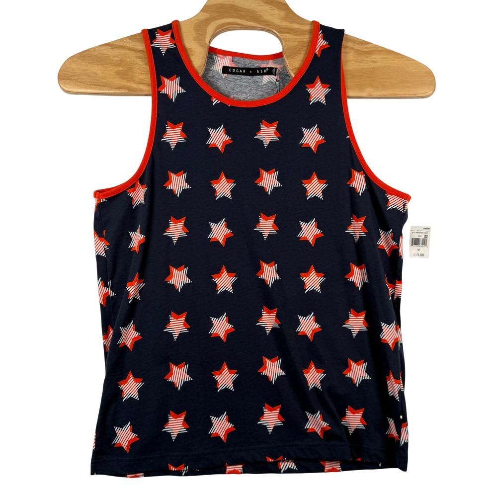 Edgar Ash Mens M Tank Top Navy Blue Star Print Americana Patriotic Summer Beach‎